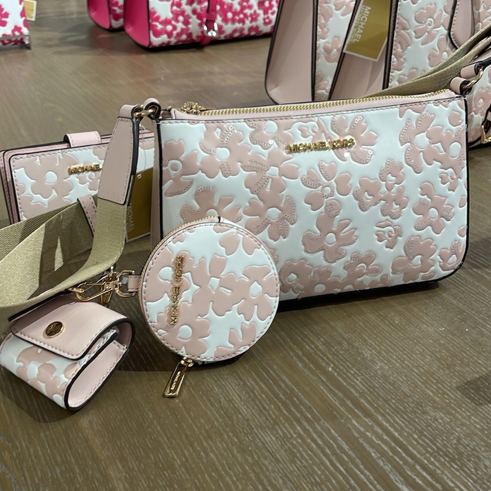 Michael Kors Jet Set Sm Sequined Floral Print Crossbody w Case for Apple AirPod - Picture 4 of 16